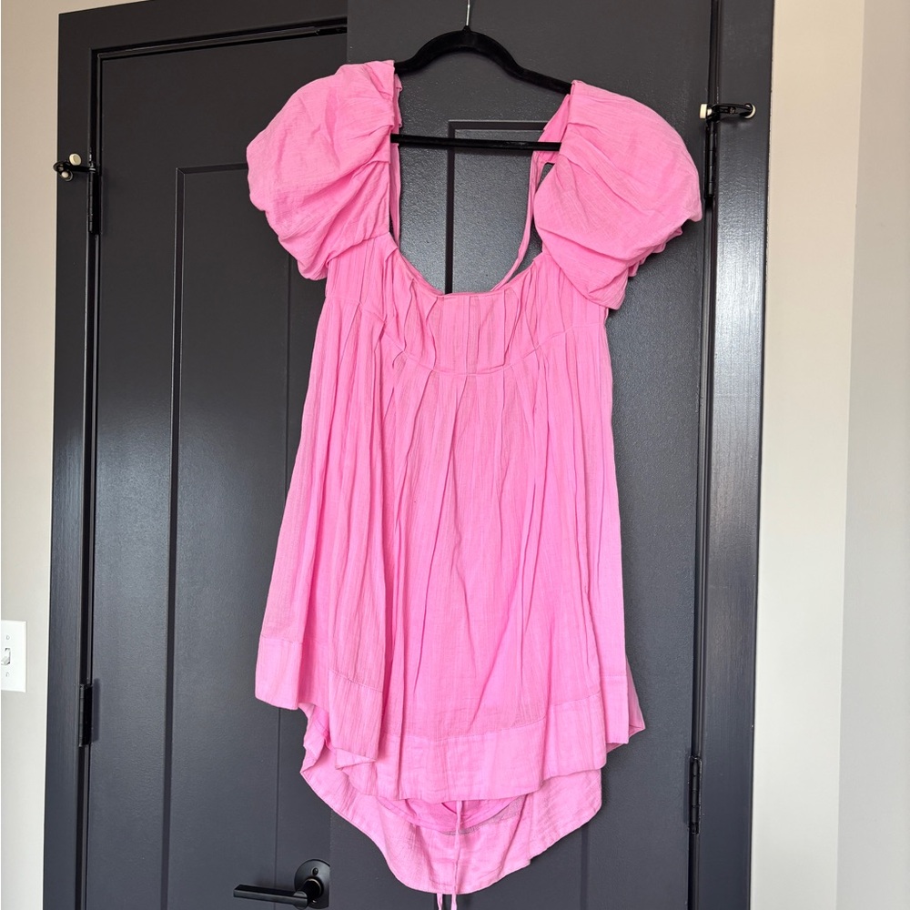 Free People Pink Puff-Sleeve BabyDoll Mini Dress